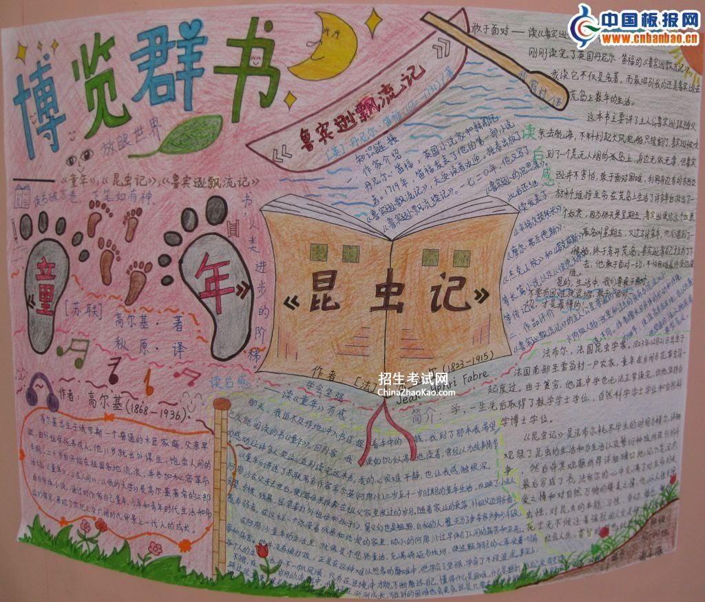 博览群书手抄报-外国名著《童年》《昆虫记》《鲁宾逊漂流记》